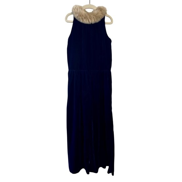 JANIE AND JACK Wide Leg Velvet Jumpsuit Girls 8 Navy Blue Faux Fur Collar Romper - Picture 1 of 8